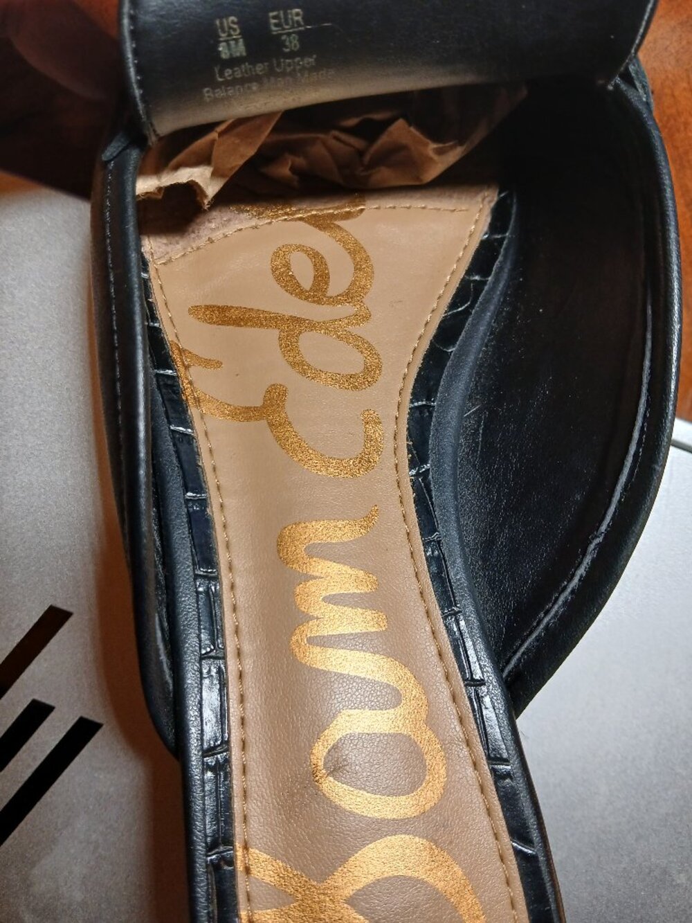 SAM EDELMAN Black Leather Mules Gold Bar & Chain 8M- like new. - Picture 10 of 10